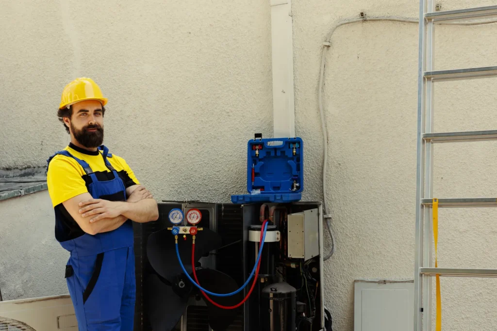 Técnico de aire acondicionado junto al equipo instalado y las herramientas de medición