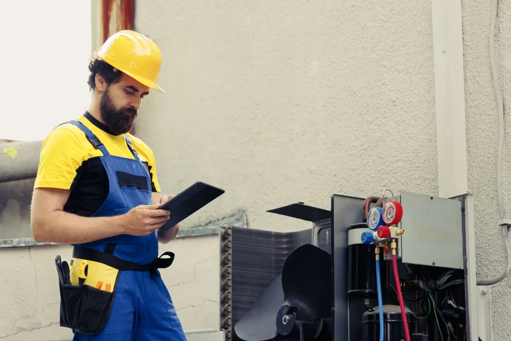Técnico revisando la presión del gas refrigerante de un aire acondicionado