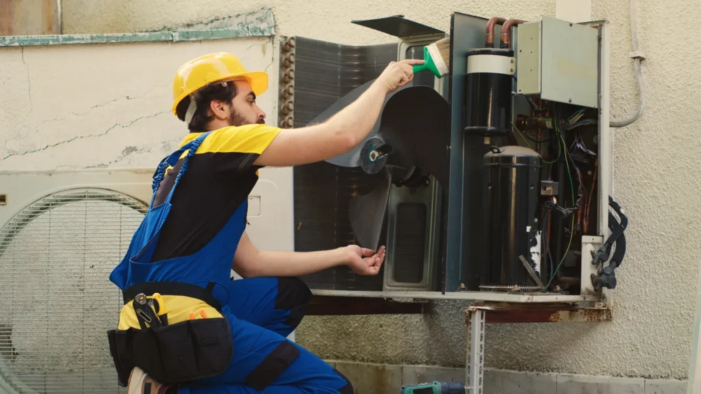 Técnico limpiando el ventilador de un aire acondicionado durante el mantenimiento