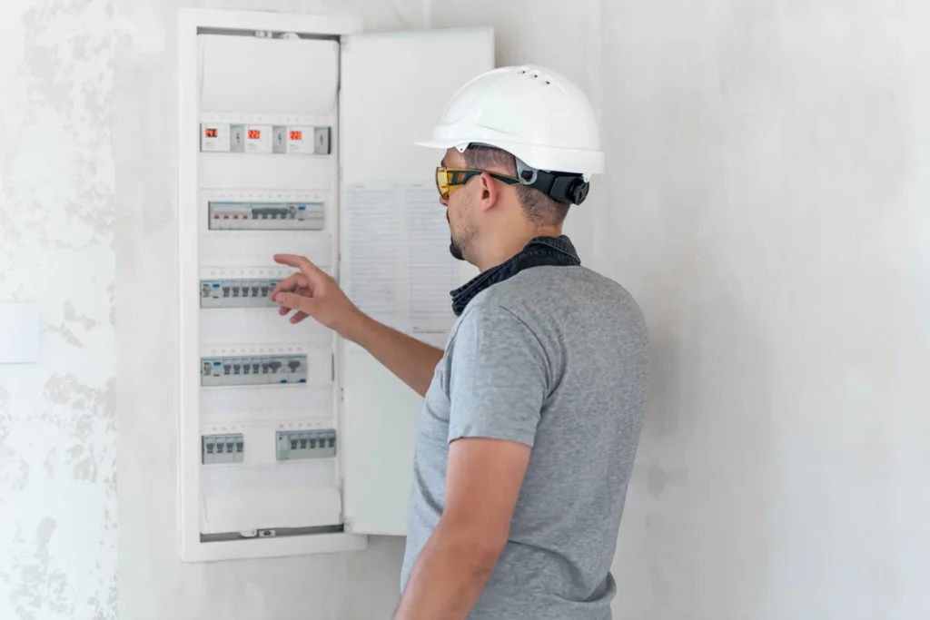 Electricista revisando los breakers de un tablero eléctrico